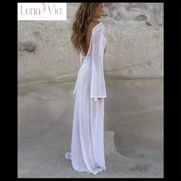 Luxury Palm Desert Semi Sheer Long Maxi Dress, Summer Bikini Bell Sleeve Coverup - Picture 3 of 7